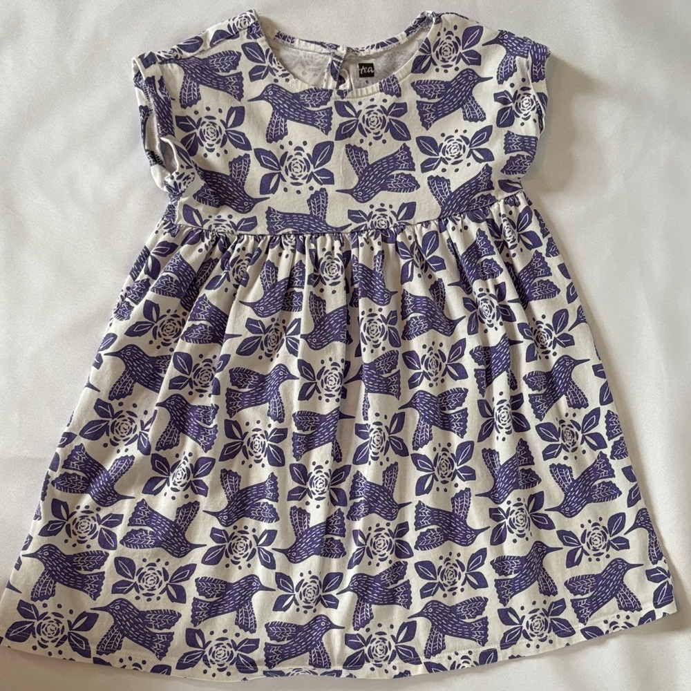 Tea Collection Kids Dress with Purple Floral Bird Pattern